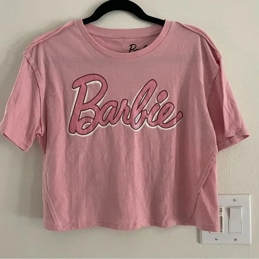 Mattel Barbie Short Sleeve Deconstructed Pink Sparkle  Crop Shirt Womens Medium